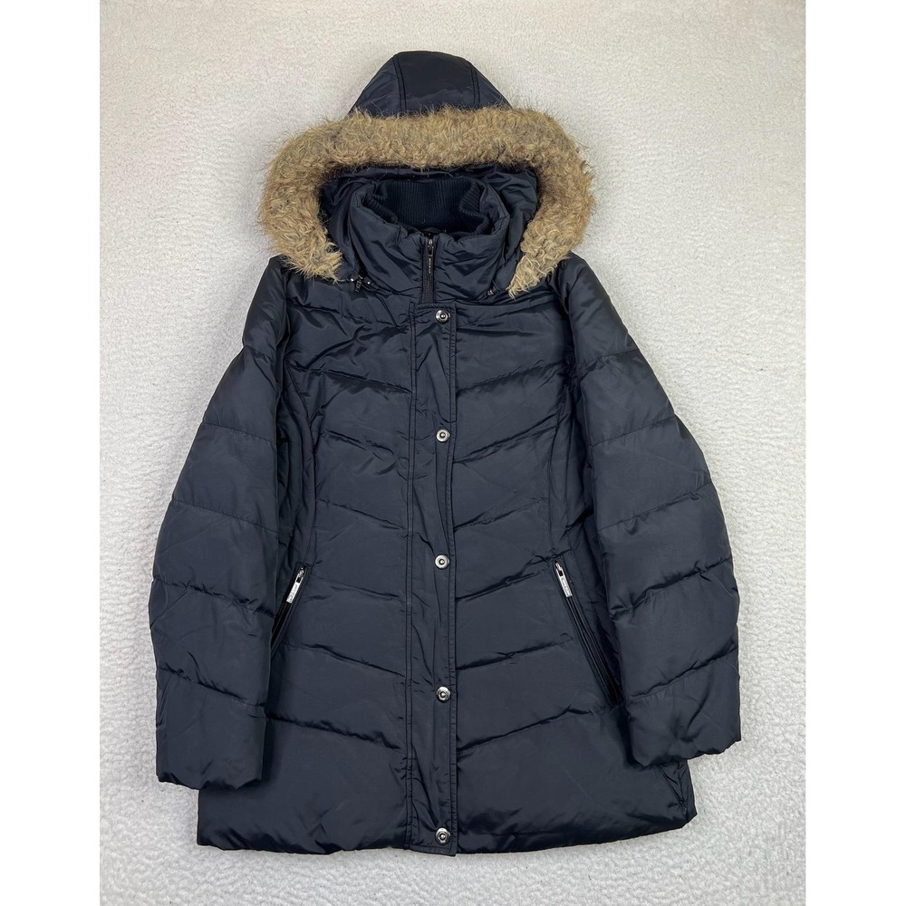 Anne Klein‎ Puffer Coat Womens Medium Black Hooded Down Quilted Faux Fur Zip